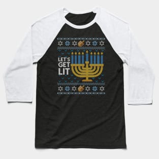 Funny Ugly Hanukkah Sweater, Let's Get Lit Menorah Baseball T-Shirt